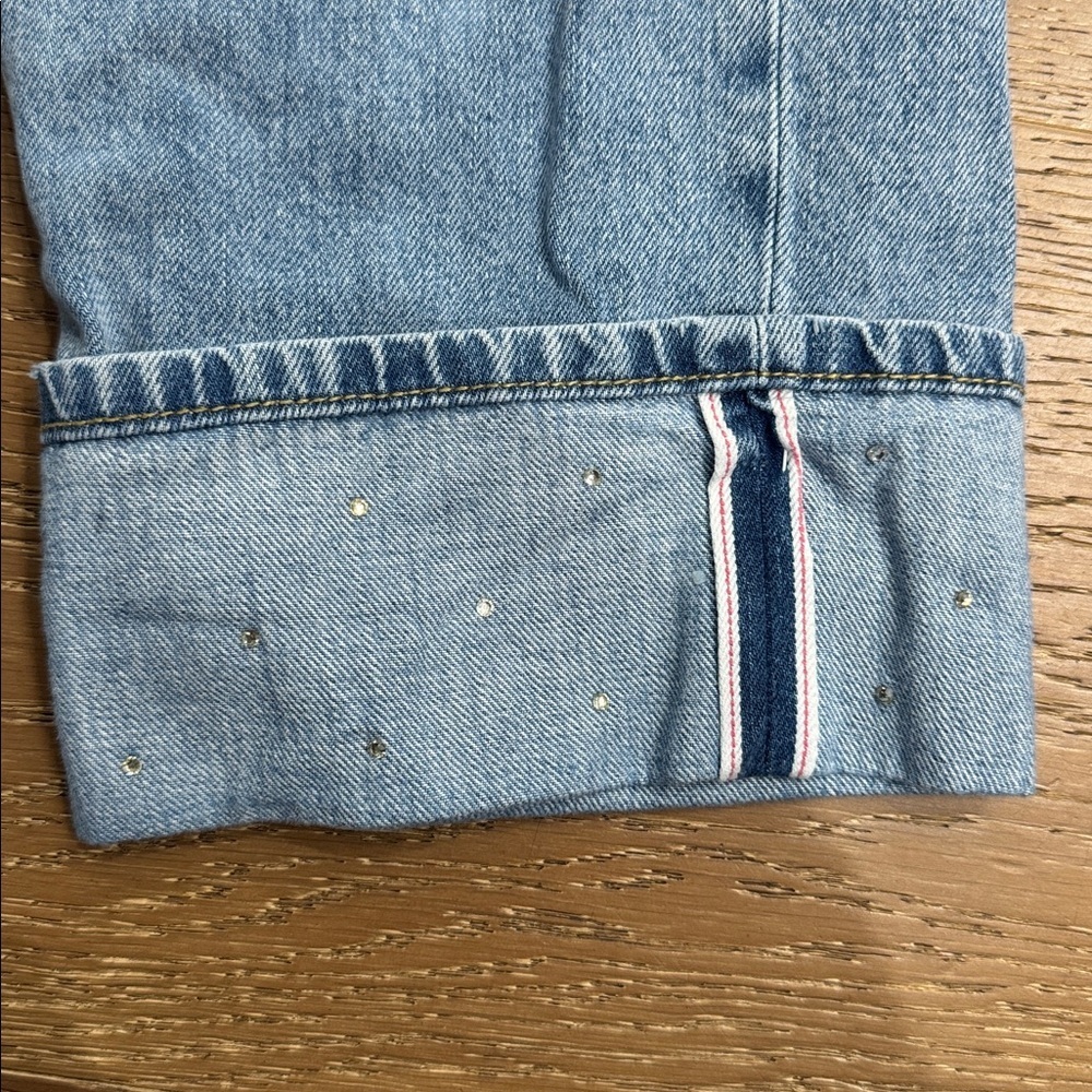 Zara Light Wash Straight Leg Jeans Cuffed Hem Embellished Size 6 - Picture 3 of 7